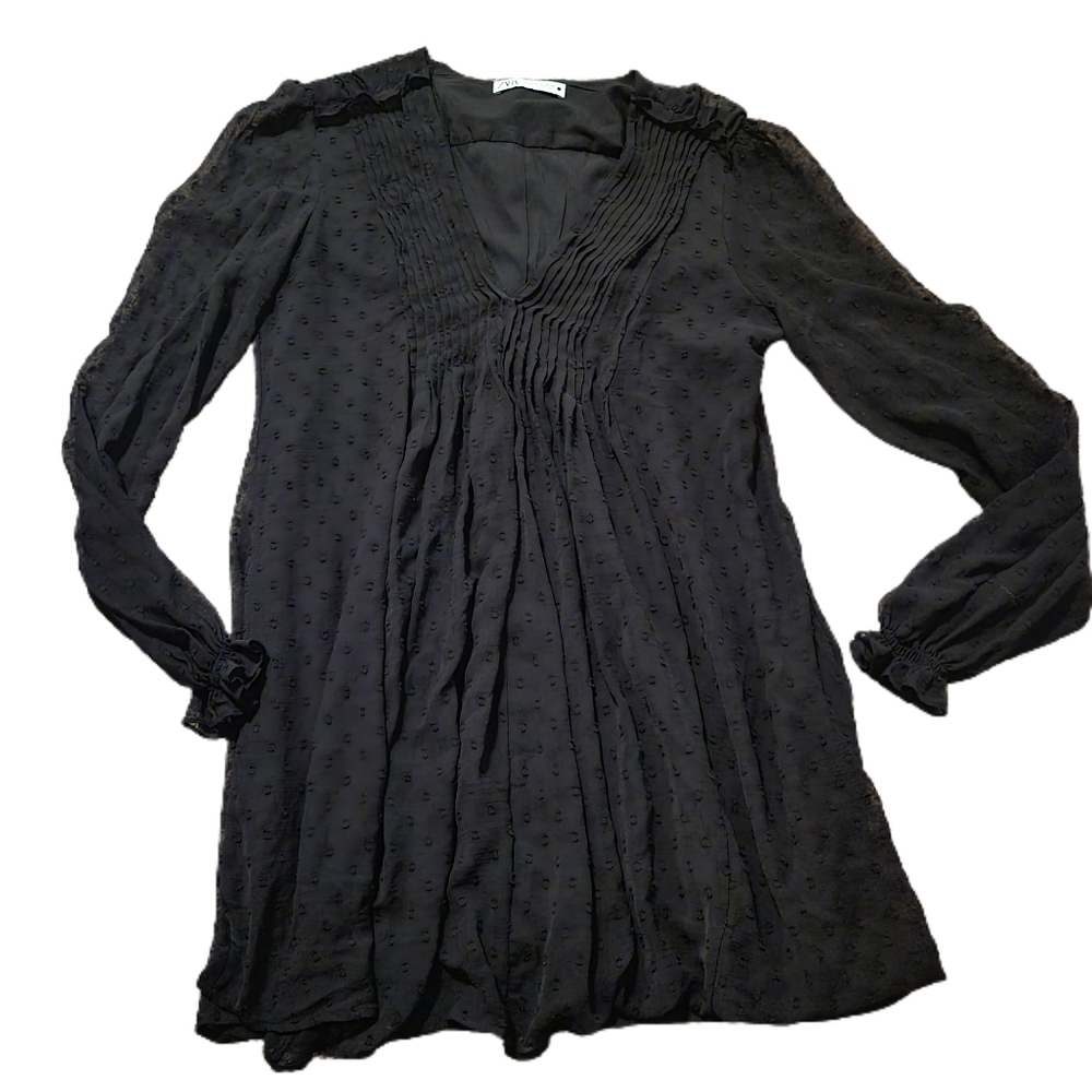 Zara Black Swiss Dot Chiffon Mini Dress Sz XXL
